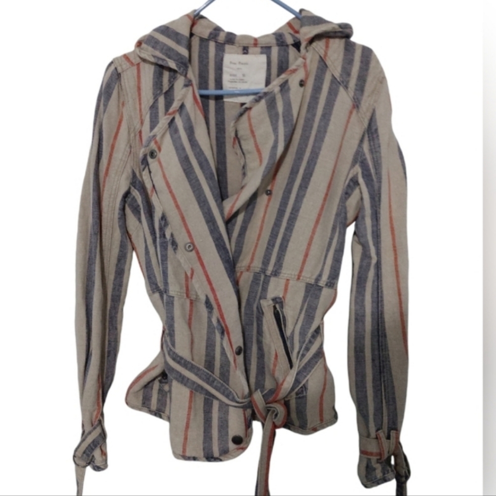 Free People Stylish Moto Tan Rustic Blue Striped Womans Jacket Size Small